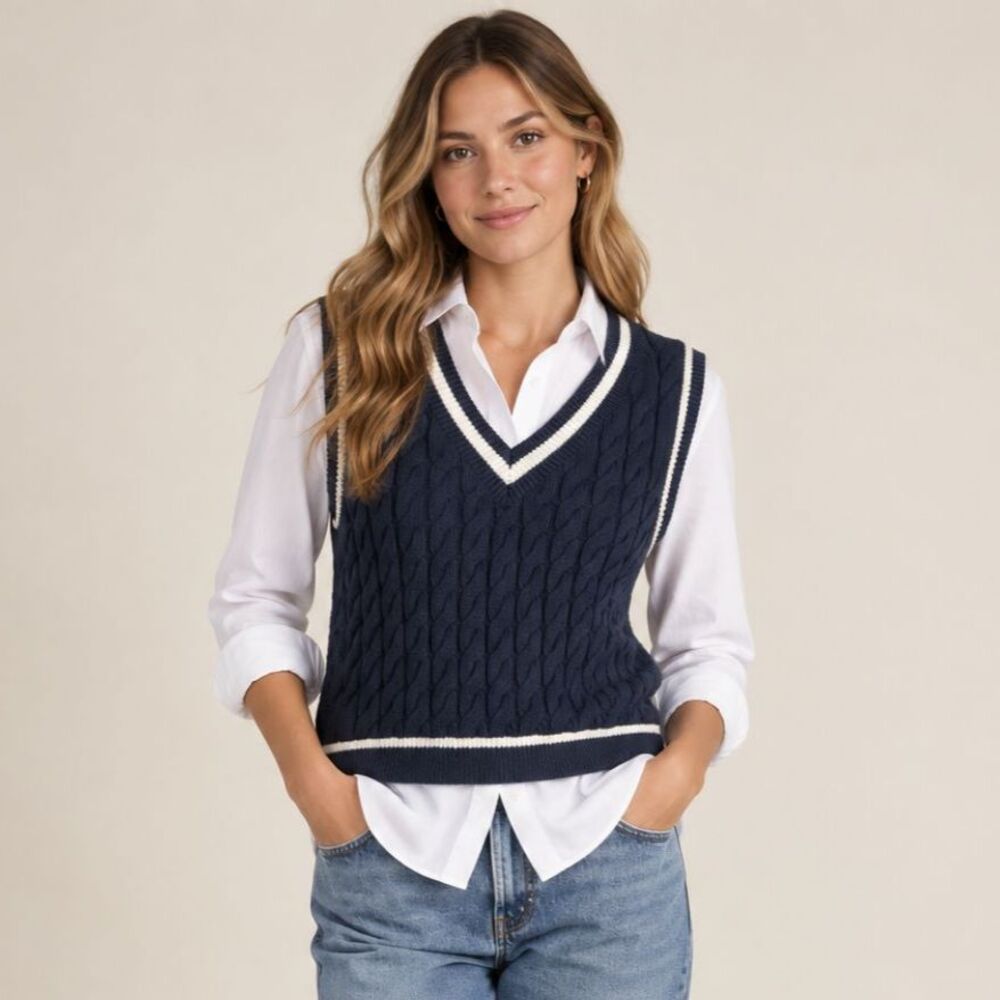Abercrombie & Fitch Sweater Vest Cable Knit Navy White Preppy Tennis Women Small